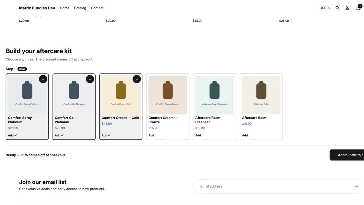 A shop’s product page with the bundle builder headed “Build your aftercare kit”. Three of six products are chosen, and the line under them reads “Ready — 15% comes off at checkout.”