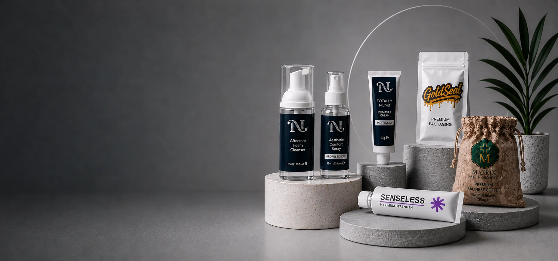 Matrix Health Group premium brand portfolio — Totally Numb, Senseless, and Gold Seal Packaging